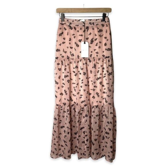 NEW Leith Women's Pink Pull On Floral Print Lined Tiered Maxi Skirt Size XS - Picture 2 of 5